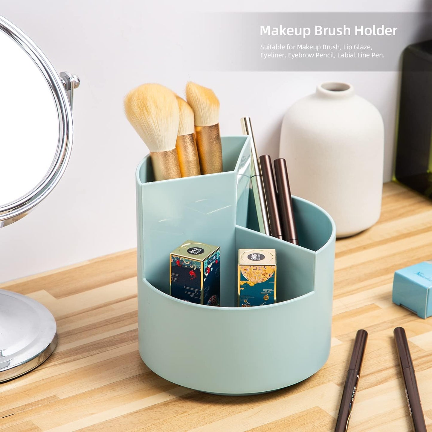 Desk Pencil Pen Holder, 3-Slot 360 Spinning Desk Organizer, Cute Pencil Cup Pot for Office, School, Art Supply - Blue