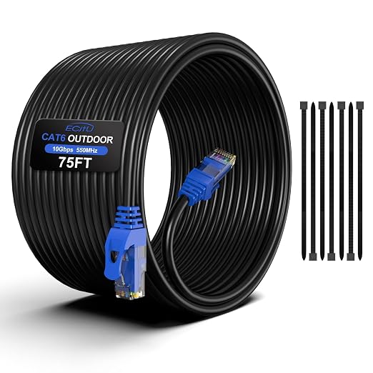 75FT Cat6 Outdoor Ethernet Cable, Heavy Duty Direct Burial, 24AWG CCA Patch Cord by ECJTU-US