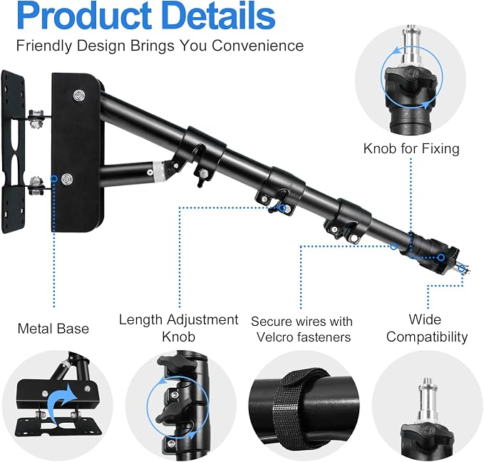 EMART Ring Light Wall Mount Boom Arm, Adjustable 42in/106cm Mounted Overhead - Image 5