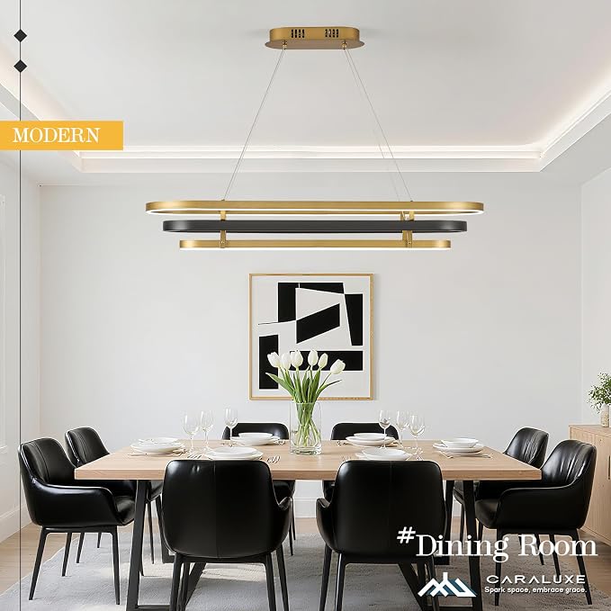 3 Ring LED Chandelier Black Gold Rectangular Chandeliers 39in Modern Oval - Image 2