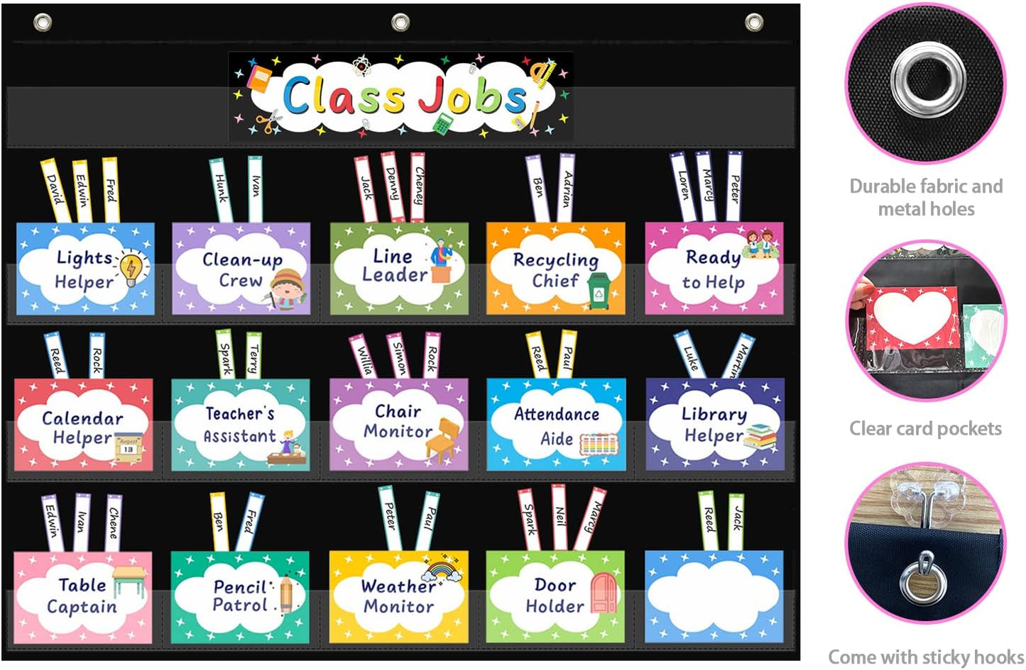 REGELETO Class Jobs Pocket Chart with 70 Colorful Dry Erase Cards and 3 Hooks,Class Management Educational Pocket Chart Teacher's Helper Size: 24.5”x21.8”inch Bulletin Board for Classroom (Black)