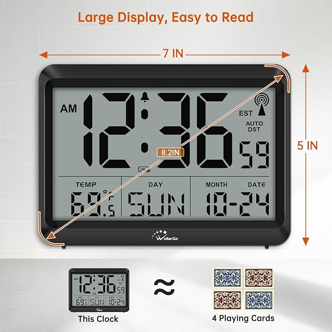 WallarGe Atomic Digital Wall Clock Battery Operated, Self-Setting, Large Display - Image 2
