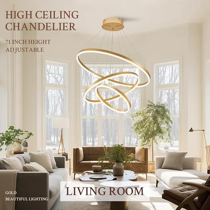 3-Rings Modern LED Chandelier Gold, Dimmable Pendant Lighting - Image 8