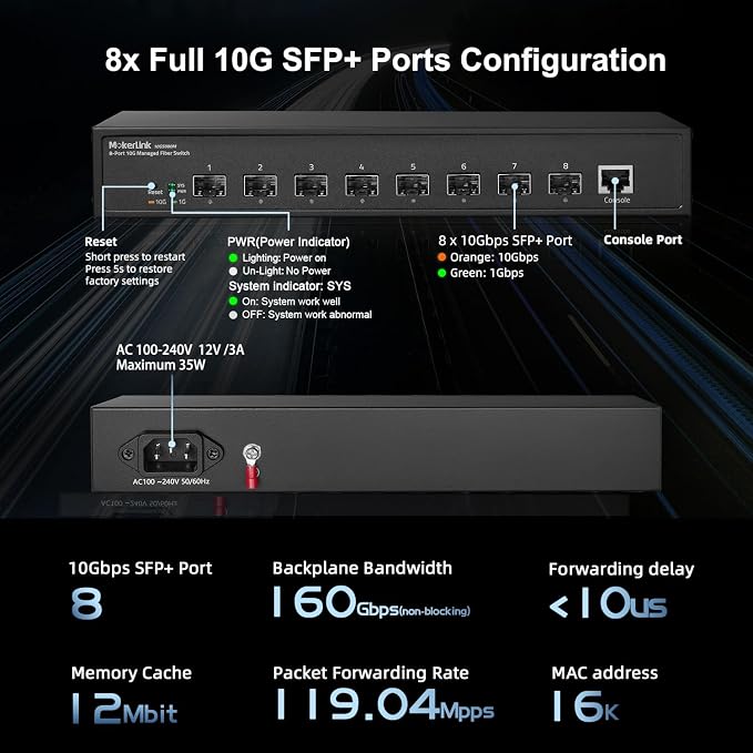 MokerLink 8 Port 10G SFP+ Managed Fiber Switch, 1G/10G SFP Slot, L3 Web/CLI - Image 5