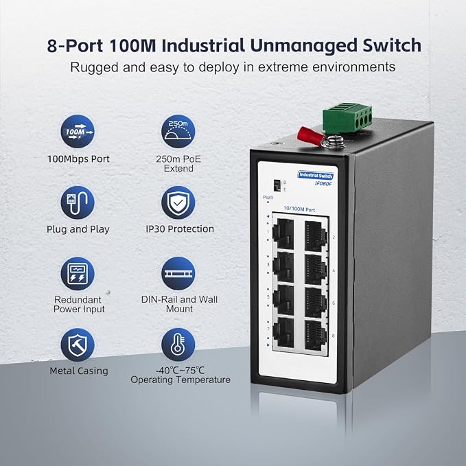8 Port Mini Industrial Switch, 10/100Mbps Fast Ethernet, Din Rail & Wall Mount - Image 2