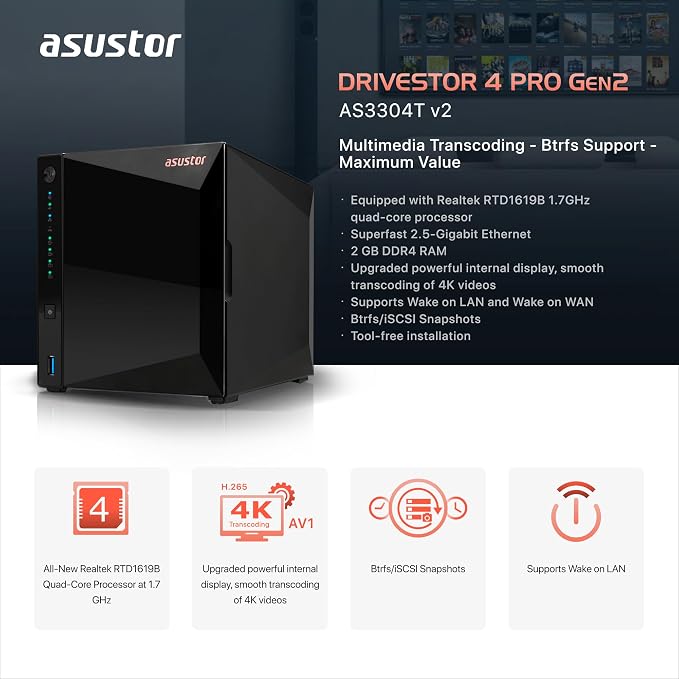 Asustor Drivestor 4 Pro Gen2 AS3304T v2, 4 Bay NAS, 1.7GHz Quad-Core, 2GB RAM - Image 2