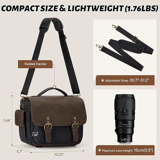 RAINSMORE Camera Bag, Vintage Canvas Camera Sling Bag Small Waterproof DSLR SLR - Image 6