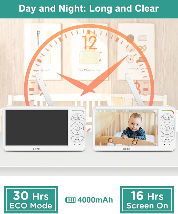 Blemil 6" Baby Monitor with 2 Cameras 4000mAh Battery Upgrade Split Screen - Image 5