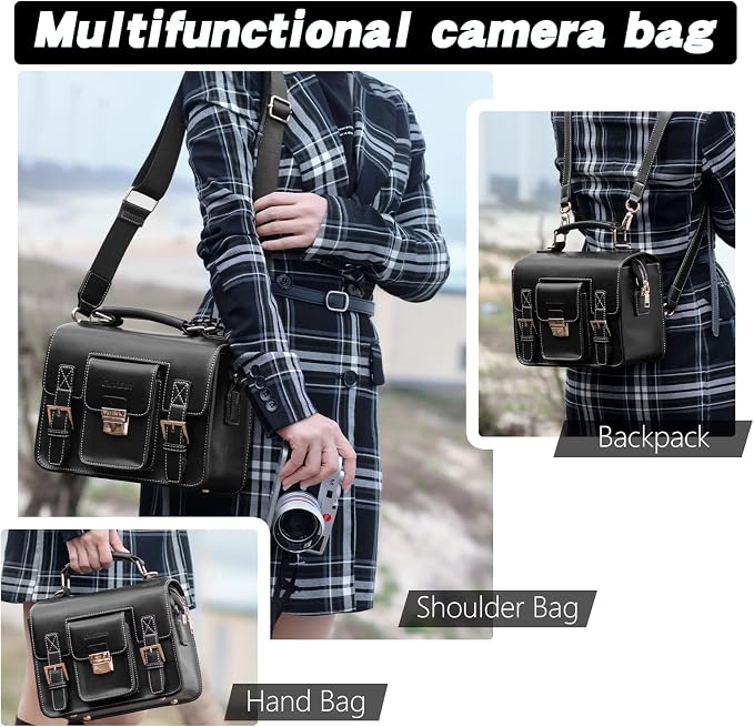 Cwatcun Leather Camera Bag Compact Shoulder Bag - Image 5