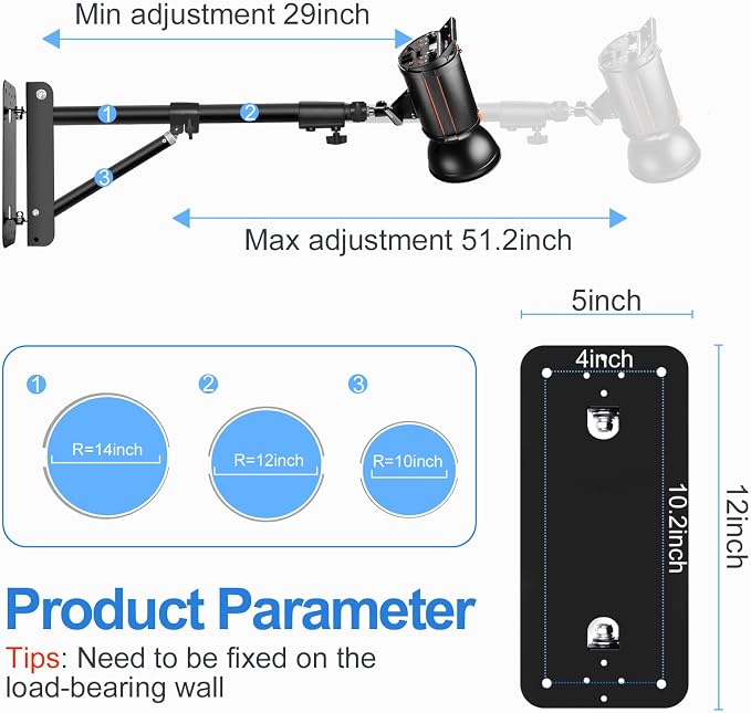 EMART Ring Light Wall Mount Boom Arm, Adjustable 51in/130cm Mounted Overhead - Image 5