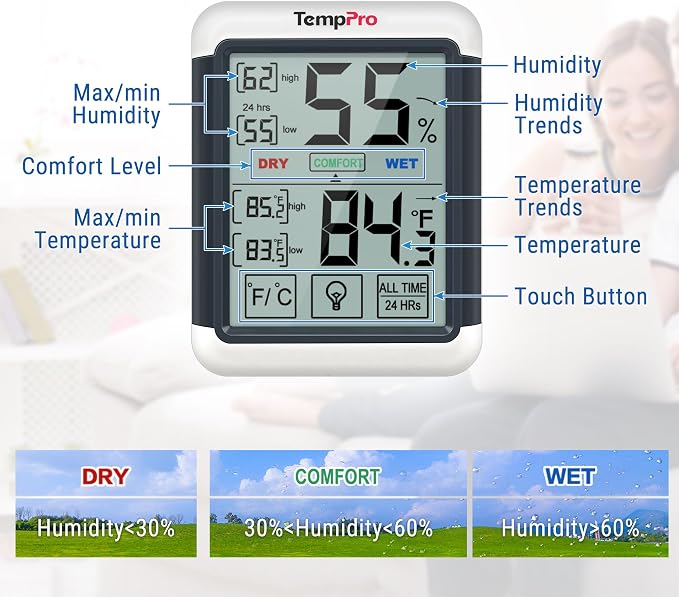 TempPro TP55 Digital Indoor Hygrometer Thermometer, 4-Inch Temperature/Humidity - Image 7
