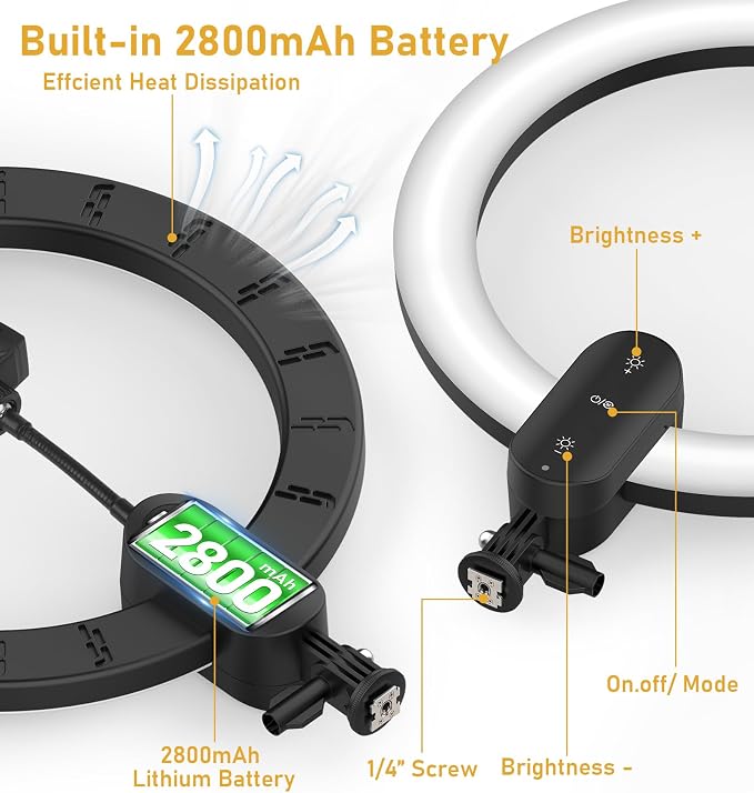 12 inch Ring Light with Stand 2800mAh Rechargeable, LED Circle Selfie Cordless - Image 2