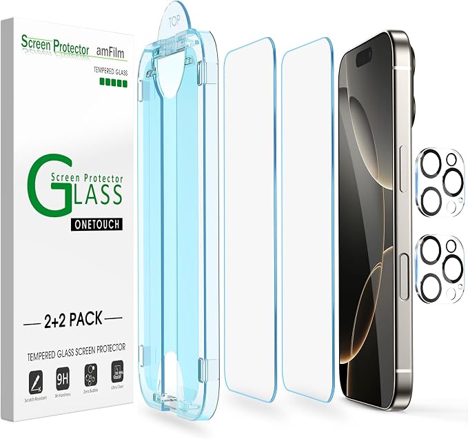 amFilm Auto-Alignment OneTouch for iPhone 16 Pro Screen Protector + Camera Lens by amFilm
