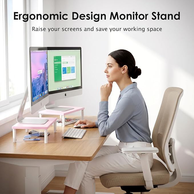 ECOLOVI 4-Height Adjustable Wood Computer Monitor Stand Riser, Desktop PC - Image 2