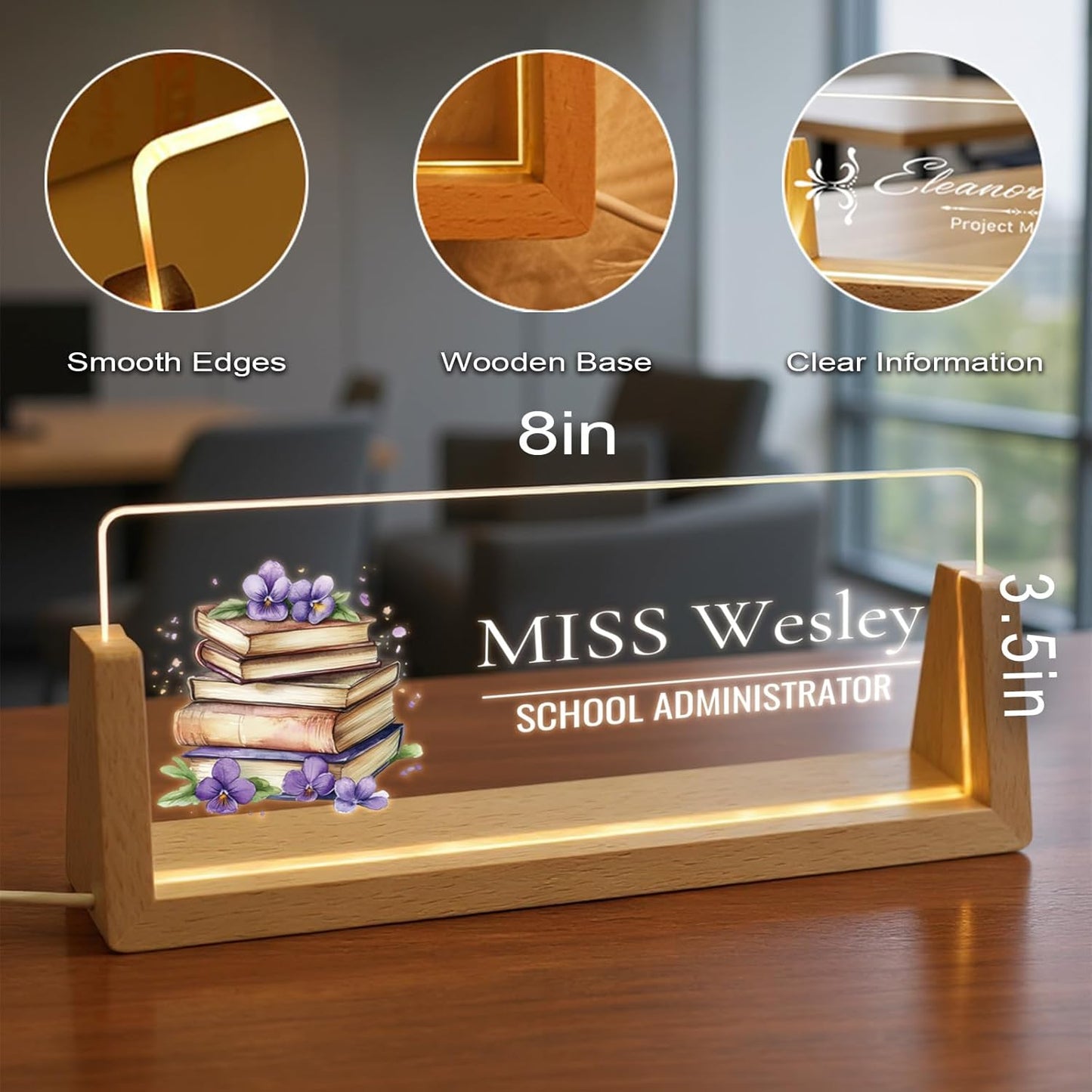 Custom Name Plate for Desk with Light Up Acrylic & Wooden Base - Personalized Office Sign for Teacher, Boss, Coworker - Employee Appreciation Gift for Educators Professionals