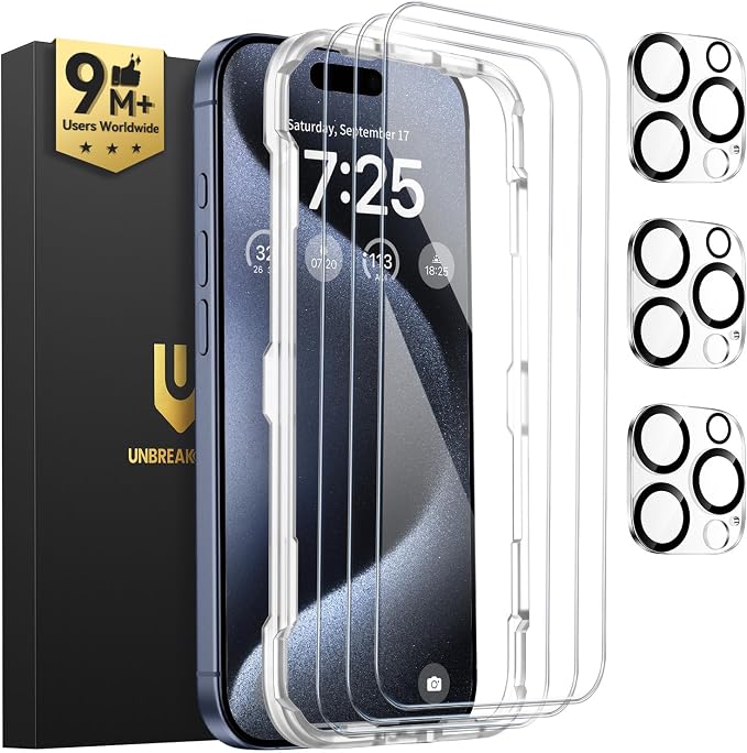 UNBREAKcable iPhone 15 Pro Screen Protector 3-Pack, Upgraded Dual-Tempered by UNBREAKcable