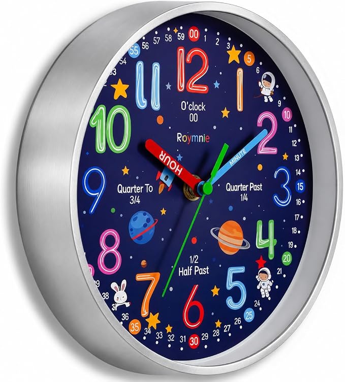Roymnie Wall Clock Learning to Tell Time Easily Non Ticking Battery Operated - Image 5
