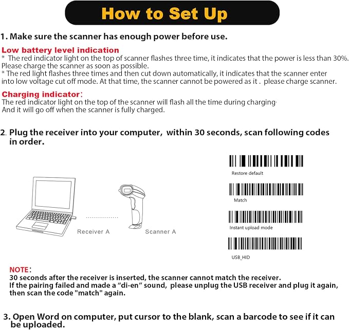 NADAMOO Wireless Barcode Scanner 328 Feet Transmission Distance USB Cordless 1D - Image 8