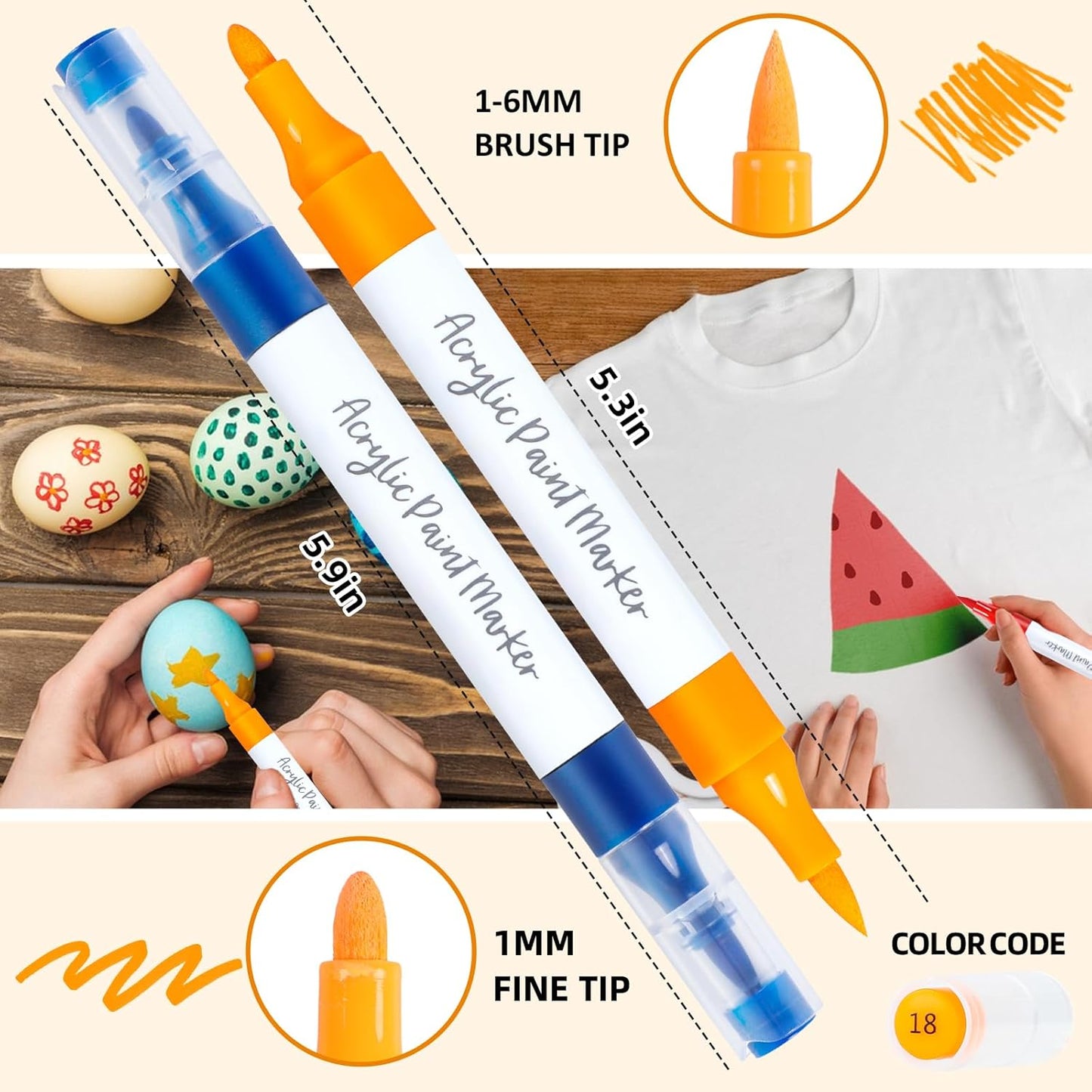 YHC 48 Colors Acrylic Paint Pens with Free App, Dual Tip Acrylic Paint Markers with Brush Tip and Fine Tip for Adults, Kids, Eggs, Wood, Rock, Canvas, Plastic, Stone, Glass, Ceramic
