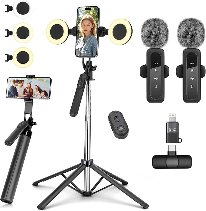 Vlogging Kit for iPhone/Android, Metal Selfie Stick Tripod for iPhone by YUANRAN