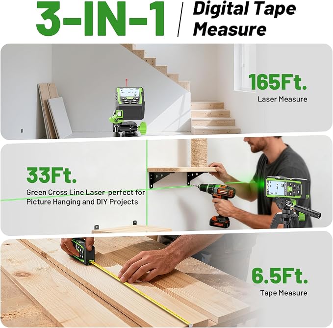 Laser Measuring Tool 3-in-1, Huepar 165 Ft Laser Measure & 33 Ft Green Cross - Image 2