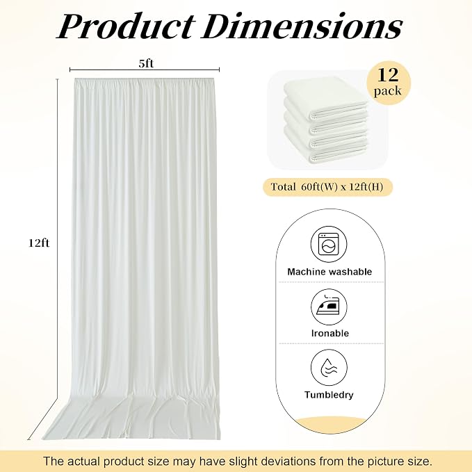 60ft x 12ft Wrinkle Free Ivory Backdrop Curtains - Image 6