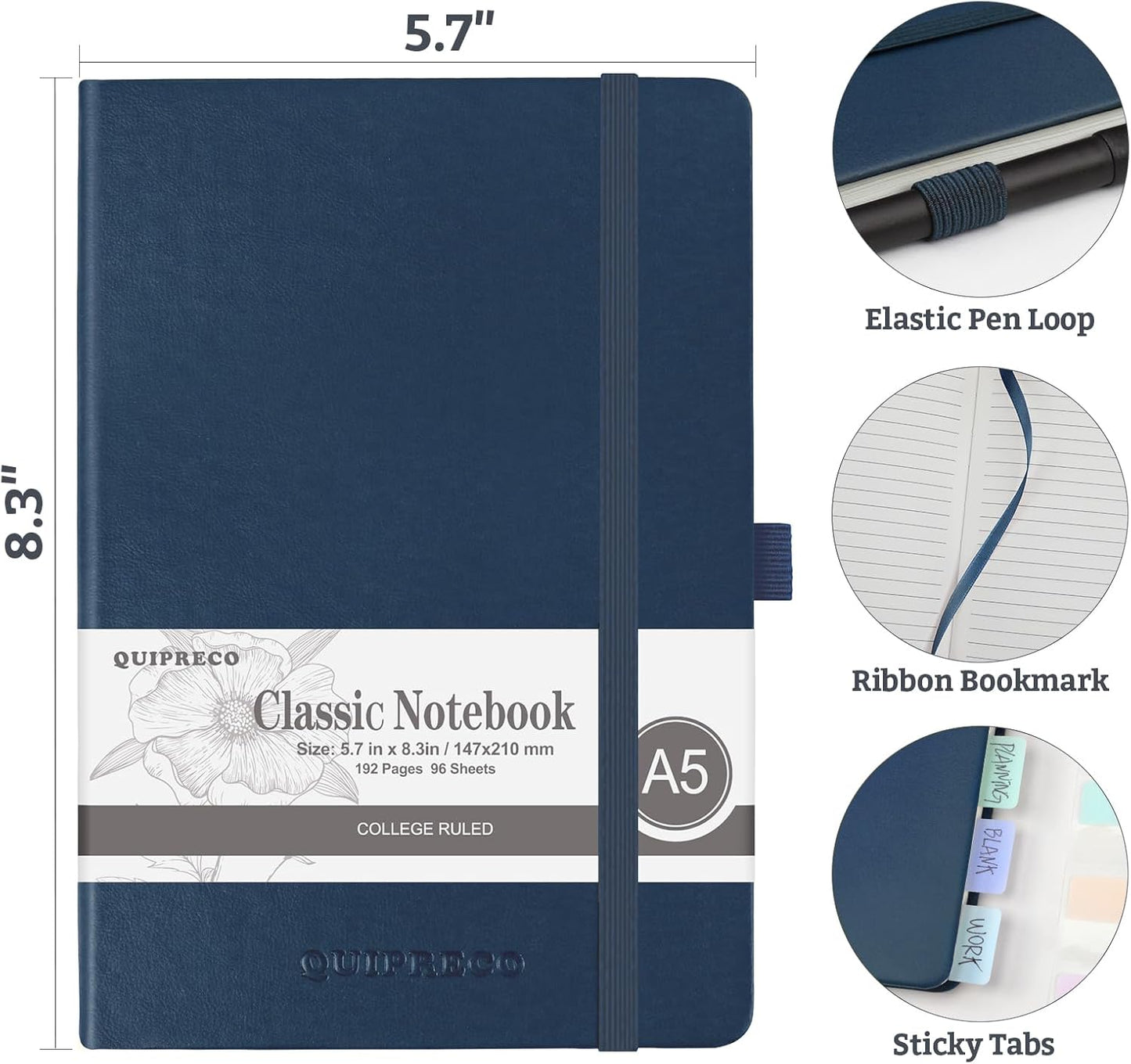 Hardcover Lined Bullet Dotted Journal Notebook, A5 140 192 Pages 100 120Gsm Paper College ruled for School,Work,Travel,and Daily Planning，5.7''*8.3'' (6, Navy, A5 Lined)