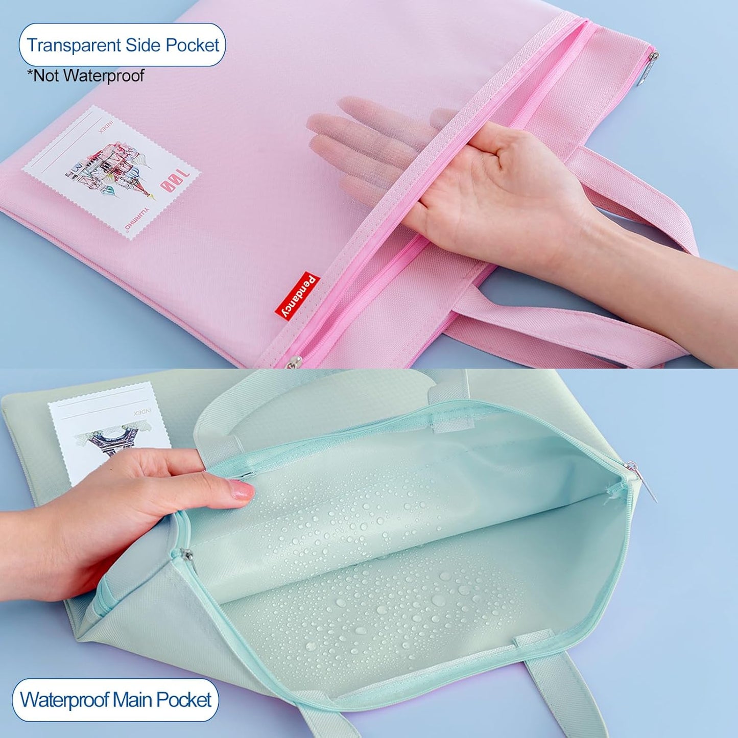 Pendancy Mesh Zipper Pouch 11x13.7 in, 2 pcs Large Double Pocket Waterproof File Bag with Handle, A4 Size Foldable Document Storage for Puzzle Project/Cross Stitch/Travel/Office（Gray Green）