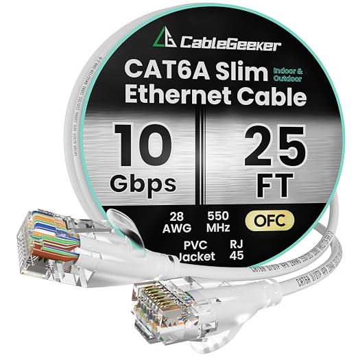 CableGeeker CAT6A Slim Ethernet Cable 25FT, 10Gbps 550MHz High Speed Network by CableGeeker