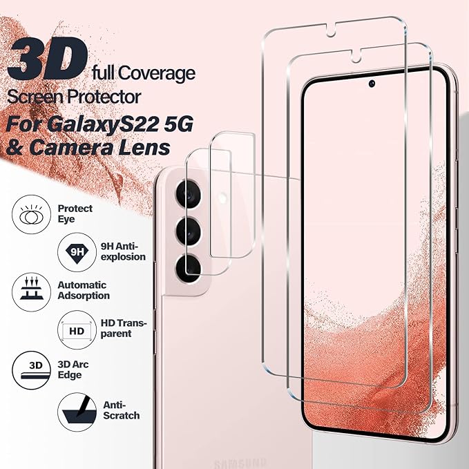 Galaxy S22 Tempered Glass Screen Protector + Camera Lens Protector Clear HD - Image 2
