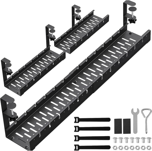 WIGAKDRU 31Inch Extendable Under Desk Cable Management Tray, Black Metal Cable Management Tray Under Desk Cord Management with Clamp, 31 Inch x 4.33 Inch