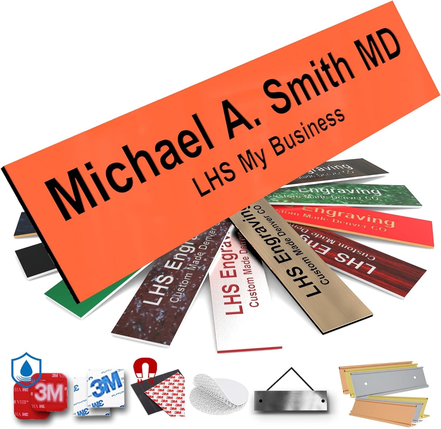 Engraved Door Signs for Office Personalized Orange Plastic Door Plaque Black Letters - Made in USA 2x8 B11