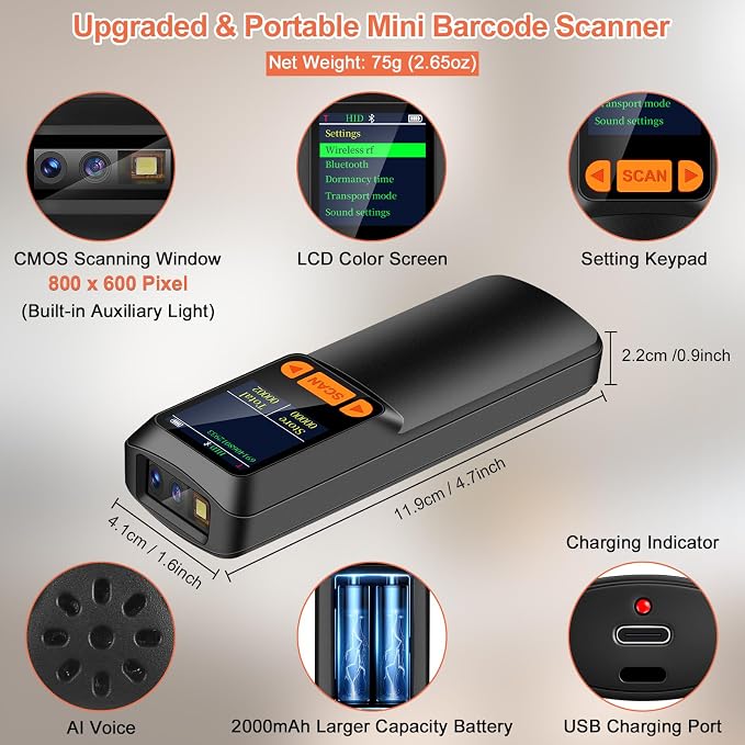KUIIYER Mini Bluetooth Barcode Scanner, Wireless 2D QR 1D Bar Code Scanners - Image 3