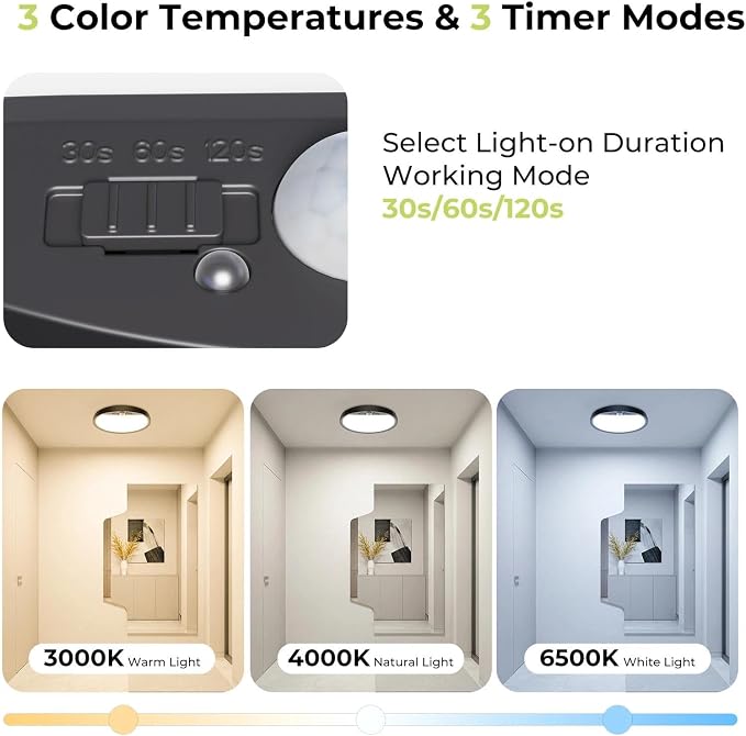 hepside Motion Sensor Ceiling Light Wired, 3000K/4000K/6500K LED Flush Mount - Image 2