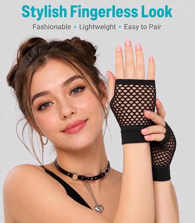 Seeksmile Women's Girls 80's Theme Party Emo Fingerless Arm Fishnet Gloves - Image 3