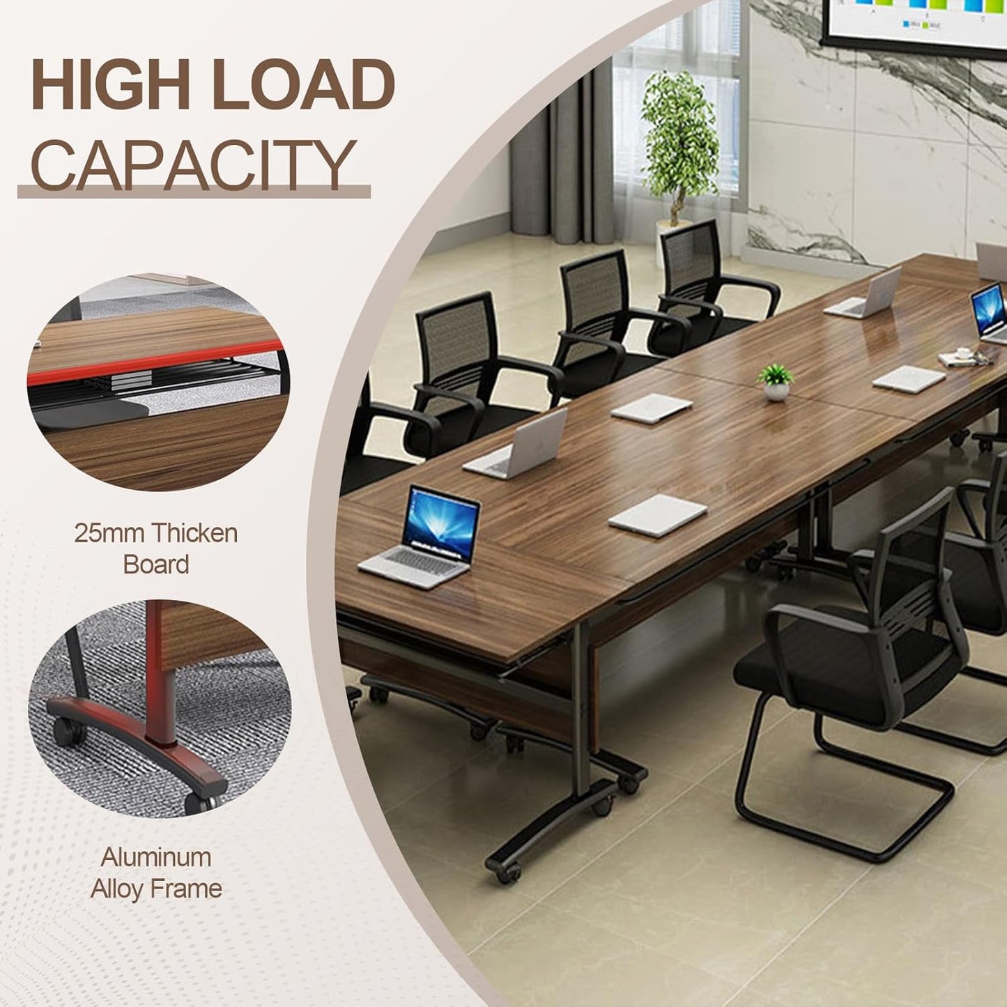 Folding Conference Room Table, Modern Conference Tables with Wheels, Large Rectangular Mobile Training Tables for Office Classroom, Foldable Modular Boardroom Seminar Table Walnut (2pack L70.9in)