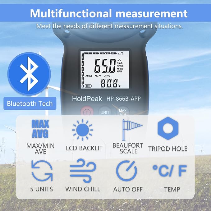 HoldPeak Handheld Anemometer Bluetooth, Digital Wind Speed Gauge Meter - Image 3