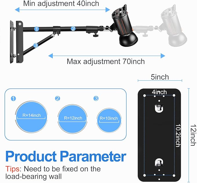 EMART Ring Light Wall Mount Boom Arm, Adjustable 71in/180cm Mounted Overhead - Image 3