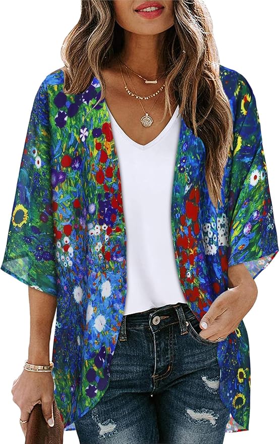 Women's Floral Print Puff Sleeve Kimono Cardigan Loose Cover Up Casual Blouse by CHICGAL