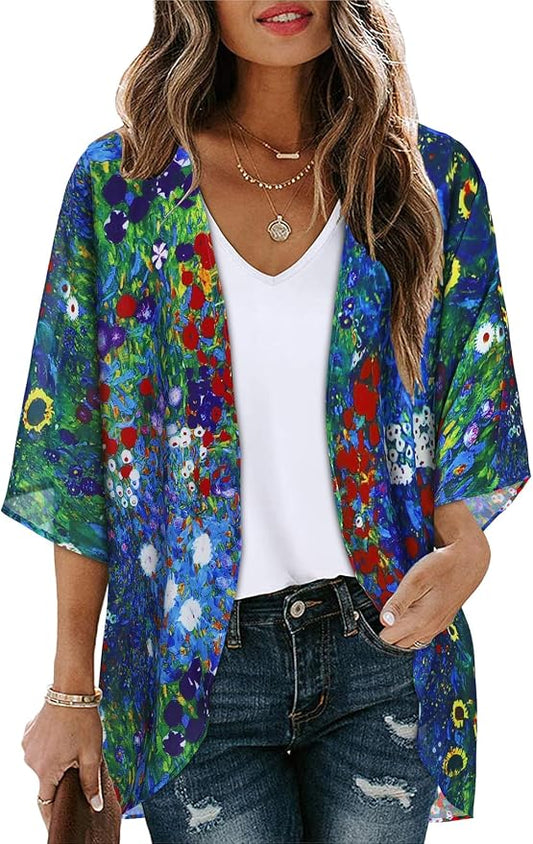 Women's Floral Print Puff Sleeve Kimono Cardigan Loose Cover Up Casual Blouse by CHICGAL