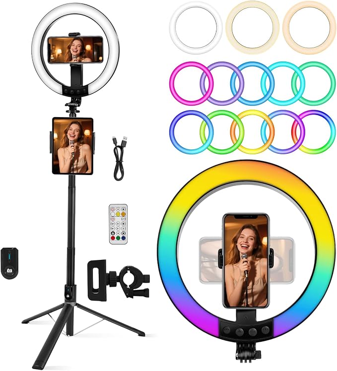 10" Ring Light with Stand 74'' Tall & Phone Holder, RGB Full Color Modes Selfie by Kalofaye