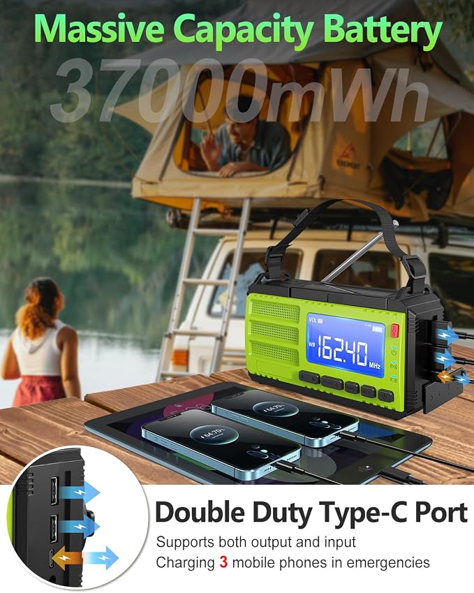10000mAh/37000mWh Hand Crank Emergency Radio, AM FM NOAA Weather Alert Radio - Image 3