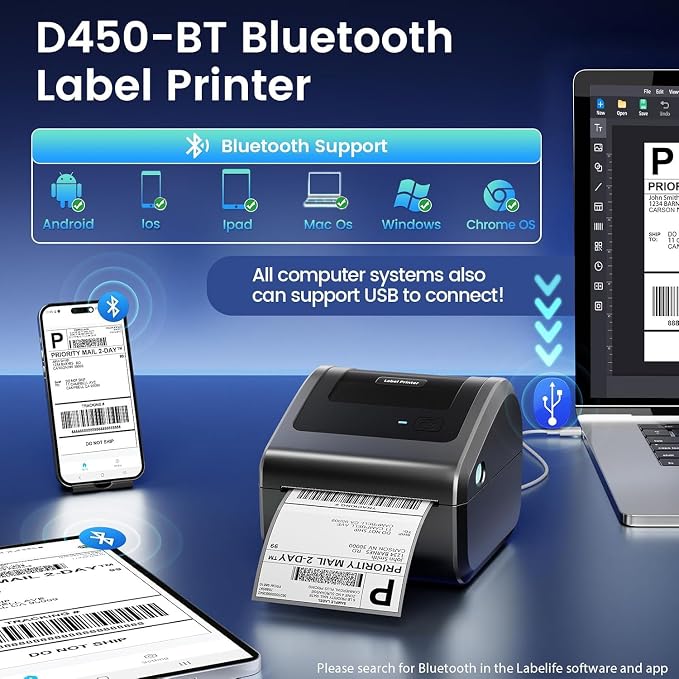 Bluetooth Shipping Label Printer 4x6, D450BT Thermal Label Printer - Image 2