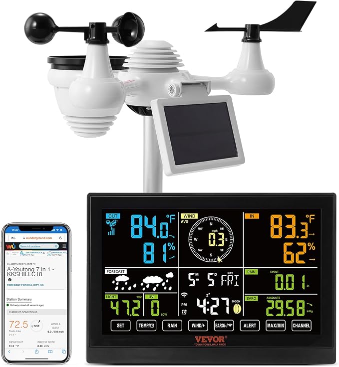 VEVOR YT60234 WiFi Weather Station 7-in-1, Weather Stations WiFi Indoor Outdoor by VEVOR
