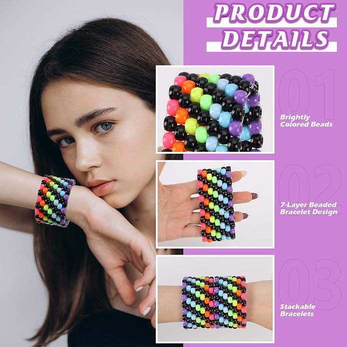 3/6 Pcs Rave Multi-layer Bracelets Stretch Rainbow Bracelets Multi Color Beaded - Image 4