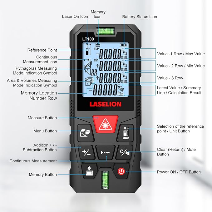 LT100 Laser Measure, 328ft/100m Laser Measurement Tool, - Image 8