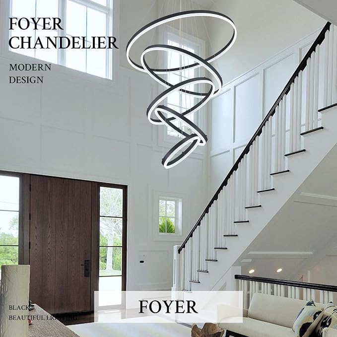 5-Rings D31.5in Modern LED Chandelier Black Dimmable High Ceiling Chandeliers - Image 5