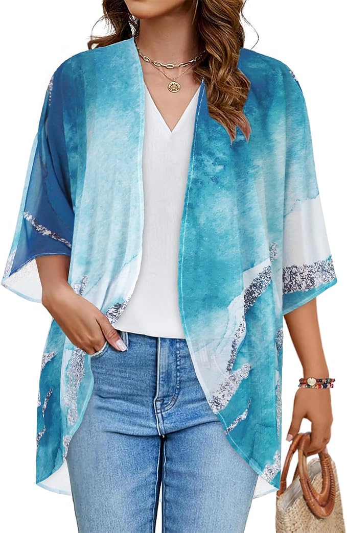 Women's Floral Print Puff Sleeve Kimono Cardigan Loose Cover Up Casual Blouse by CHICGAL