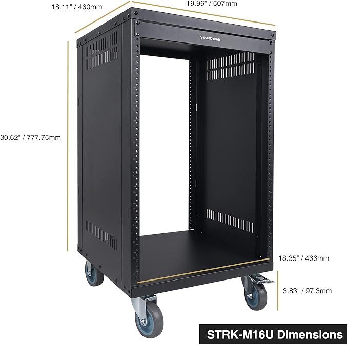 Sound Town 16U Universal Steel Rack, w/Mesh Doors, Locking Casters, Vented Side - Image 7