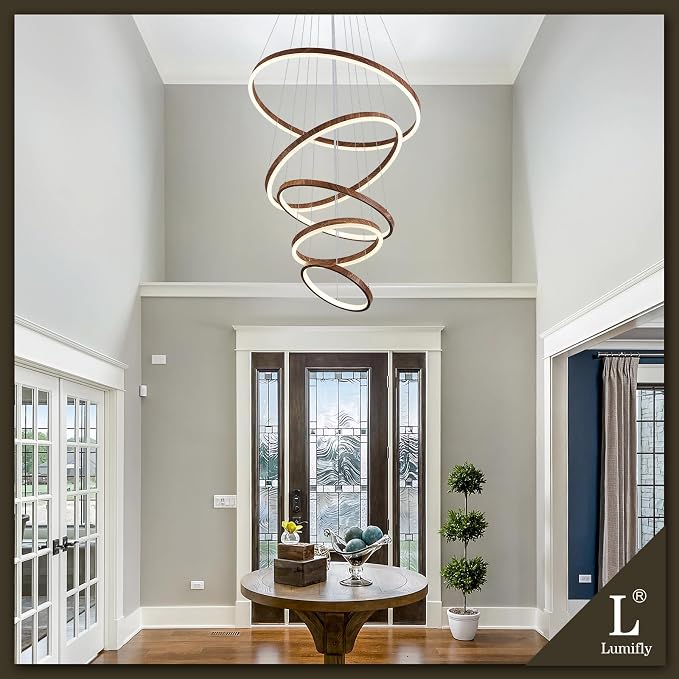 Modern LED Ring Chandelier 5-Light Chandelier Wood Grain Dimmable Round Foyer - Image 3